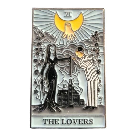 Morticia and Gomez Addams family "the lovers" tarot card enamel lapel pin - Picture 1 of 3